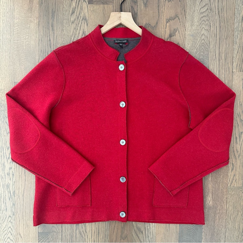 Eileen Fisher Double Face Stand Collar Knit Wool Jacket Red, Grey Extra Large